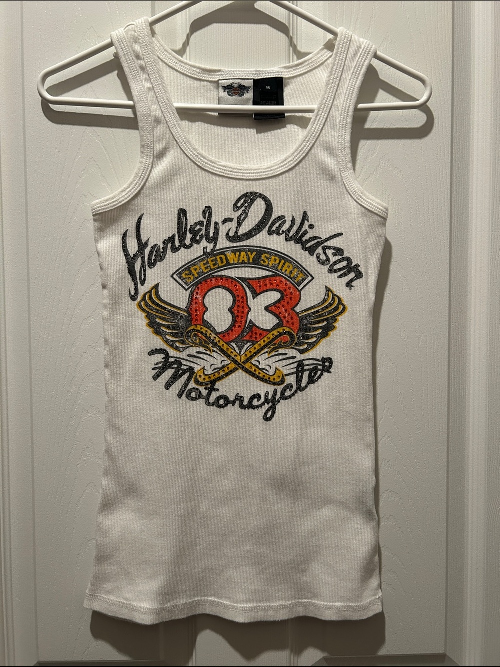 Harley-Davidson White Ladies Tank with Red and Yellow Speedway Graphic